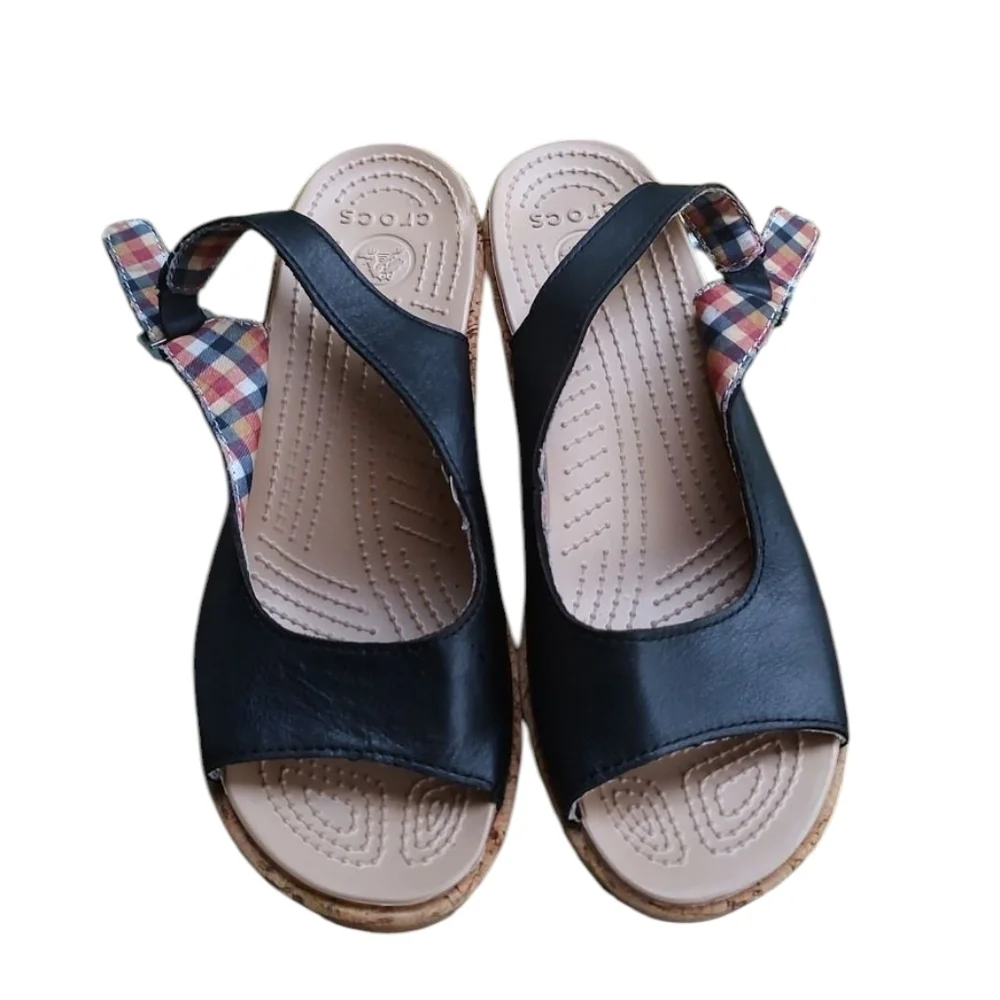 CROCS Black Leather Wedge Sandals Comfort